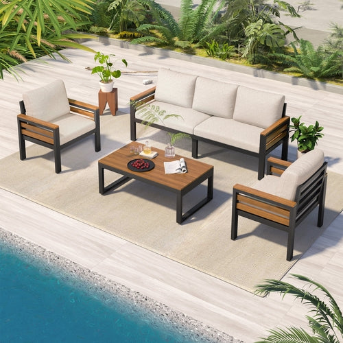 4-Piece Outdoor Furniture Sofa Set for 5 People with Acacia Wood