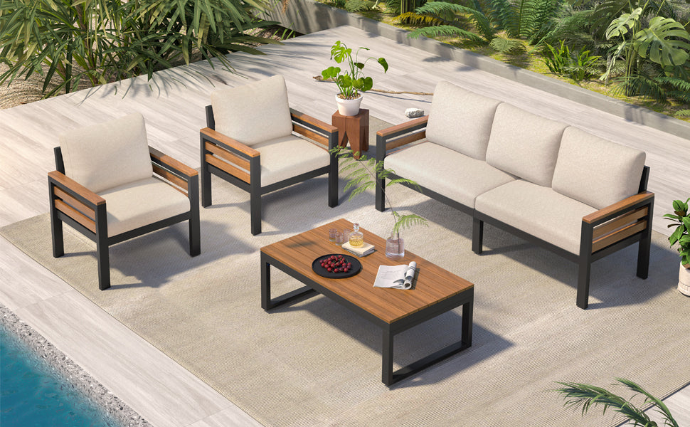 4-Piece Outdoor Furniture Sofa Set for 5 People with Acacia Wood
