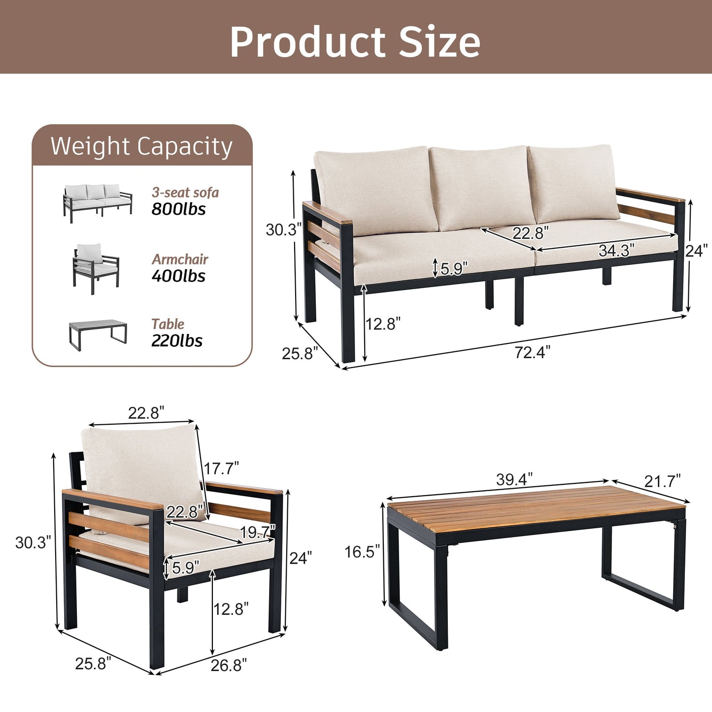 4-Piece Outdoor Furniture Sofa Set for 5 People with Acacia Wood